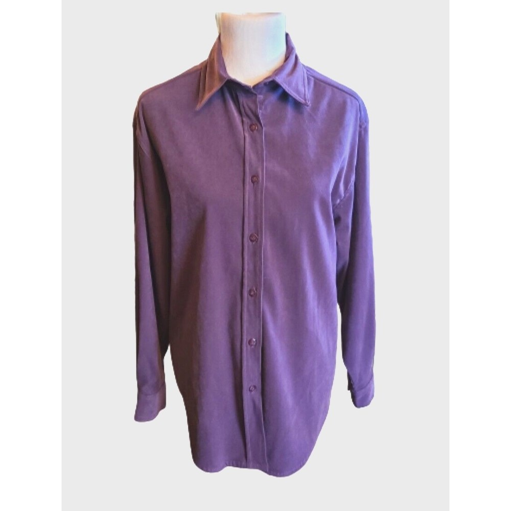Bill Blass Stretch Blouse Womens Med Purple/Plum Faux Suede, Button Down, Lined
